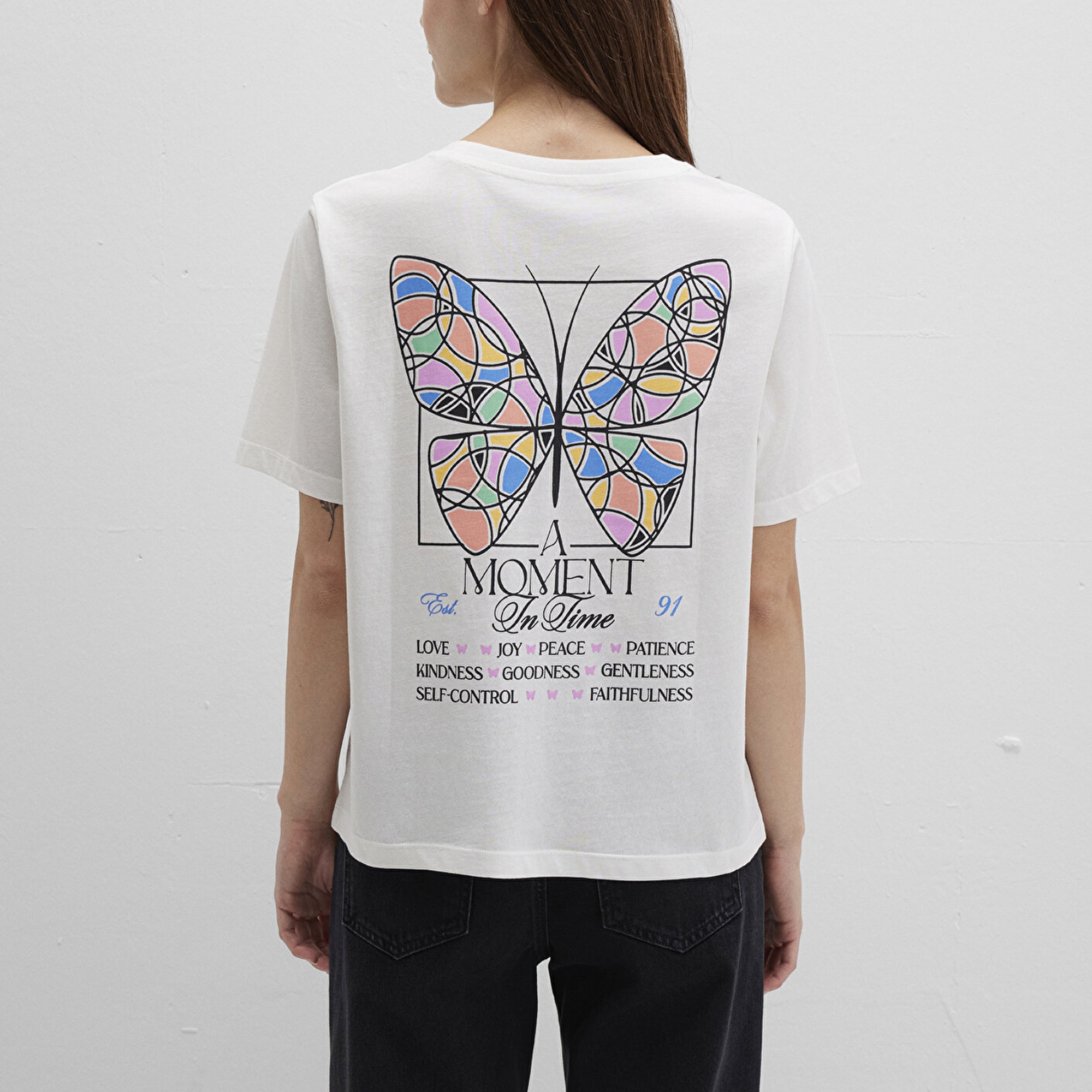 Mavi Kelebek Baskılı Beyaz Tişört Regular Fit / Normal Kesim 1613462-70057