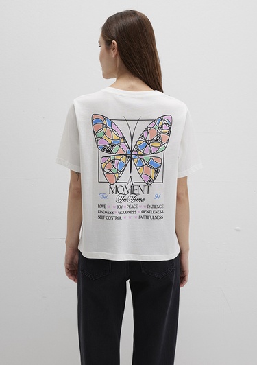 Mavi Kelebek Baskılı Beyaz Tişört Regular Fit / Normal Kesim 1613462-70057