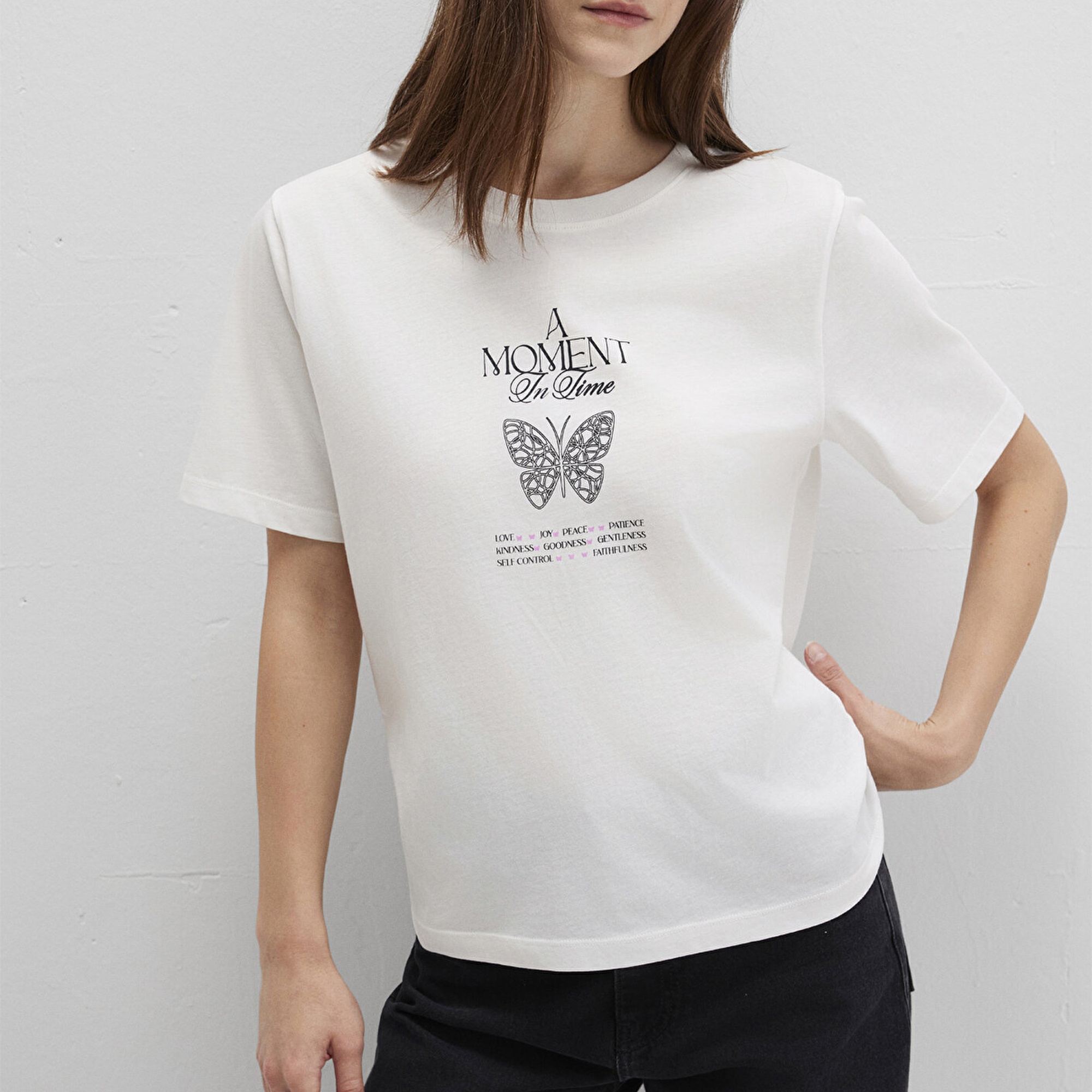 Mavi Kelebek Baskılı Beyaz Tişört Regular Fit / Normal Kesim 1613462-70057