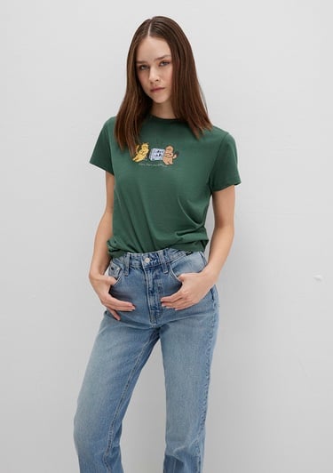  Mavi Kedi Baskılı Yeşil Tişört Semi Slim Fit / Yarı Dar Kesim 1613472-71924