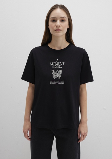  Mavi Kelebek Baskılı Siyah Tişört Regular Fit / Normal Kesim 1613462-900