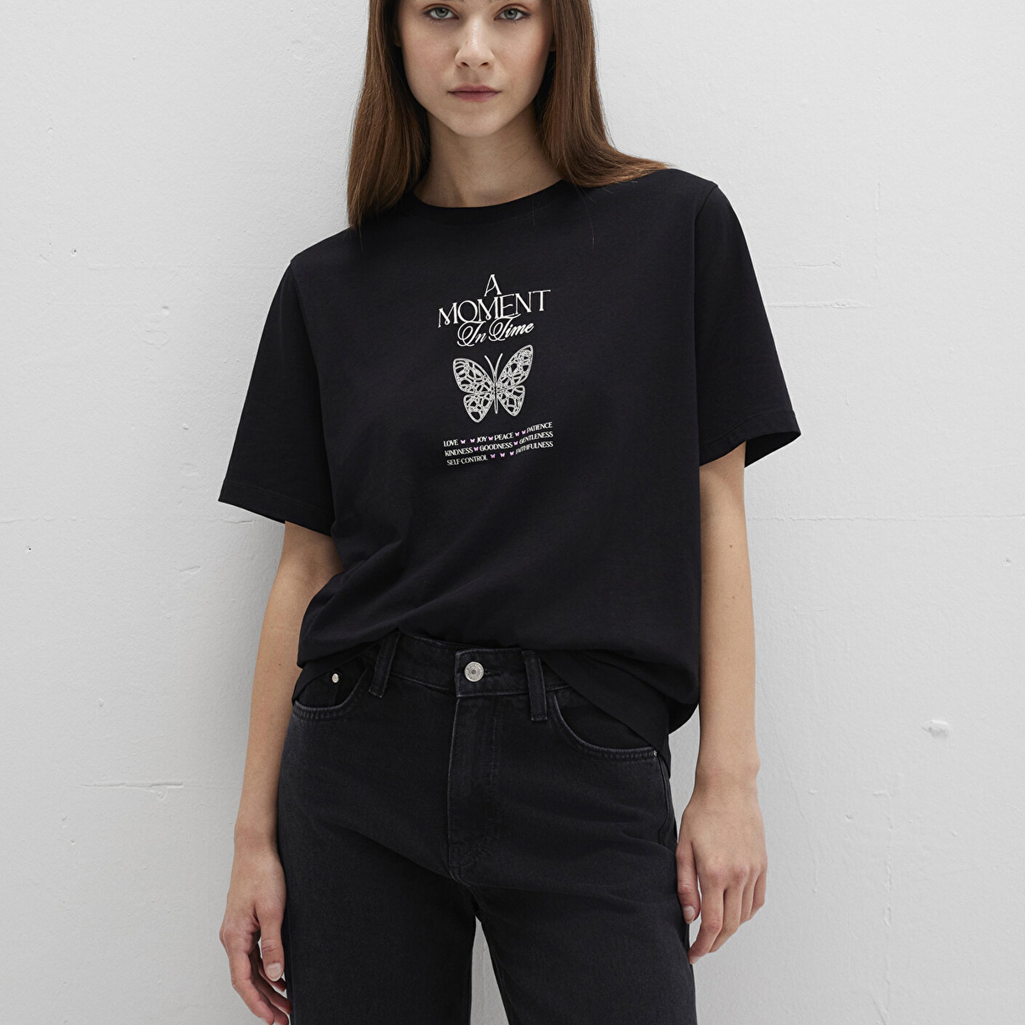 Mavi Kelebek Baskılı Siyah Tişört Regular Fit / Normal Kesim 1613462-900