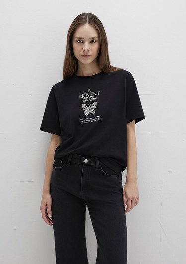  Mavi Kelebek Baskılı Siyah Tişört Regular Fit / Normal Kesim 1613462-900