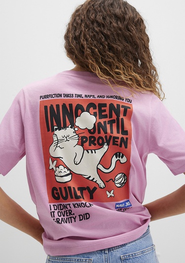  Mavi Kedi Baskılı Pembe Tişört Regular Fit / Normal Kesim 1613473-71031