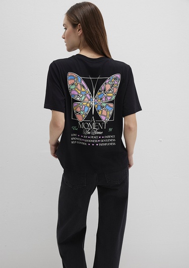  Mavi Kelebek Baskılı Siyah Tişört Regular Fit / Normal Kesim 1613462-900