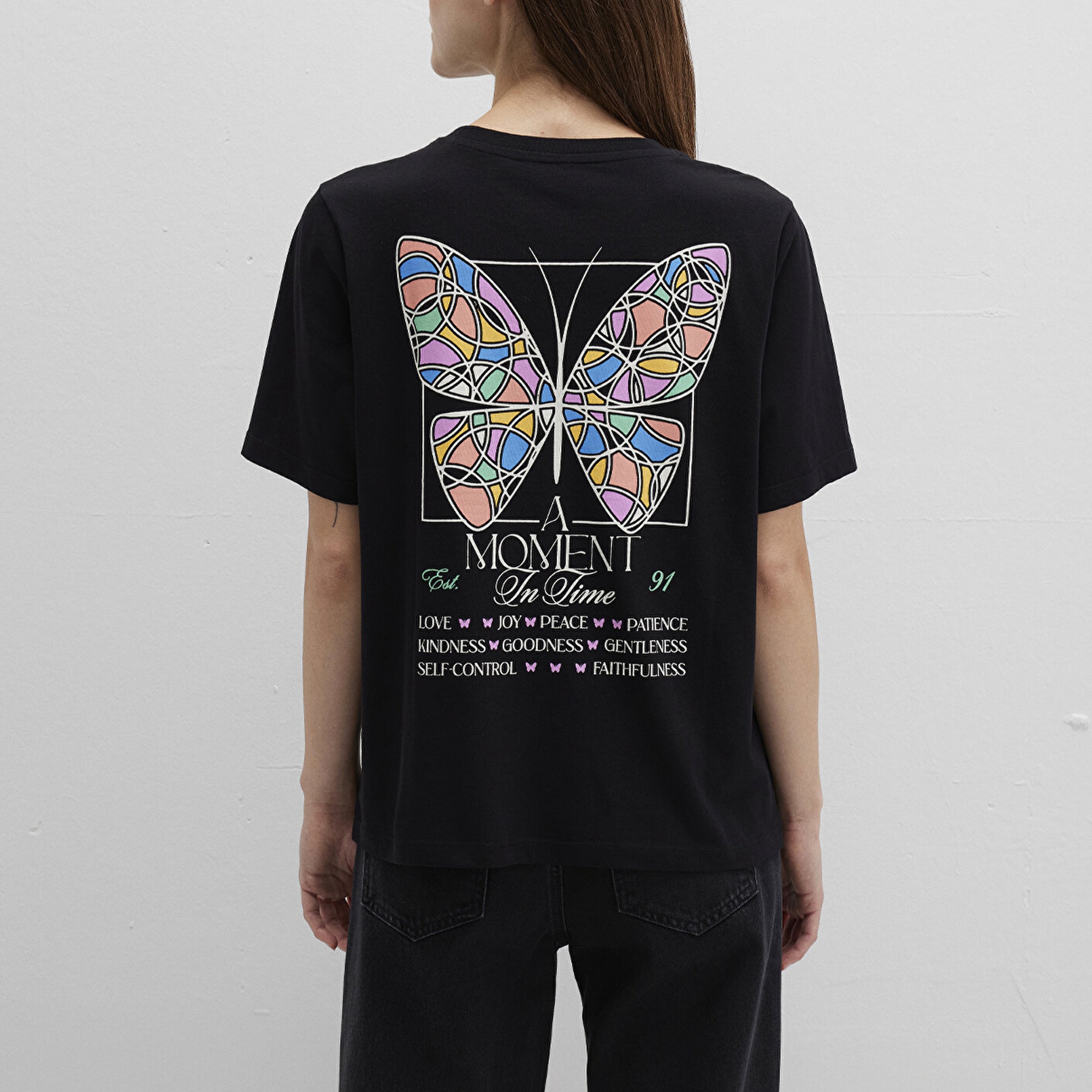 Mavi Kelebek Baskılı Siyah Tişört Regular Fit / Normal Kesim 1613462-900