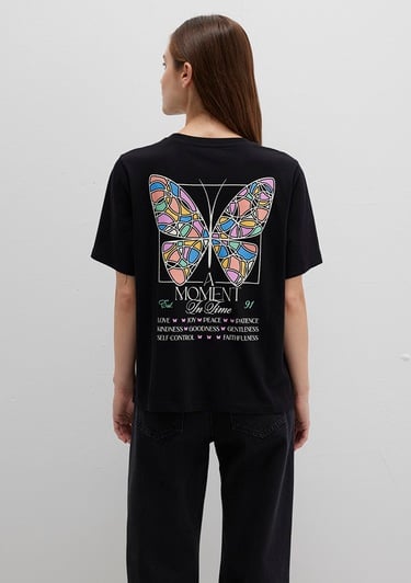  Mavi Kelebek Baskılı Siyah Tişört Regular Fit / Normal Kesim 1613462-900