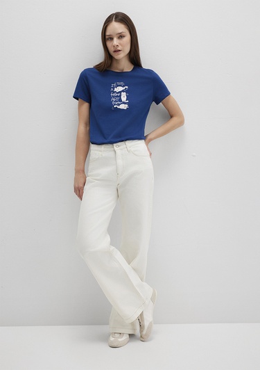  Mavi Kedi Baskılı Lacivert Tişört Semi Slim Fit / Yarı Dar Kesim 1613471-82625