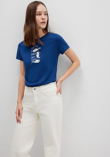  Mavi Kedi Baskılı Lacivert Tişört Semi Slim Fit / Yarı Dar Kesim 1613471-82625