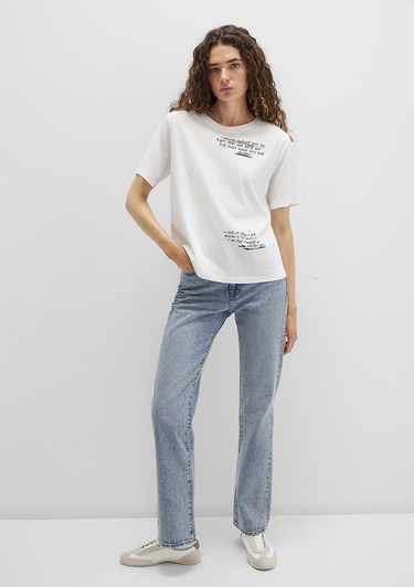  Mavi Baskılı Beyaz Tişört Regular Fit / Normal Kesim 1613485-70057