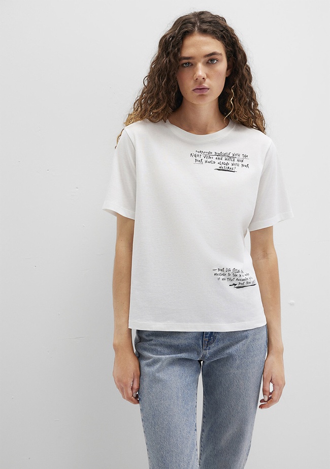  Mavi Baskılı Beyaz Tişört Regular Fit / Normal Kesim 1613485-70057