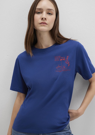  Mavi Kedi Baskılı Lacivert Tişört Regular Fit / Normal Kesim 1613474-70899