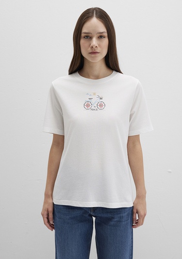  Mavi Bisiklet Baskılı Beyaz Tişört Regular Fit / Normal Kesim 1613469-70057