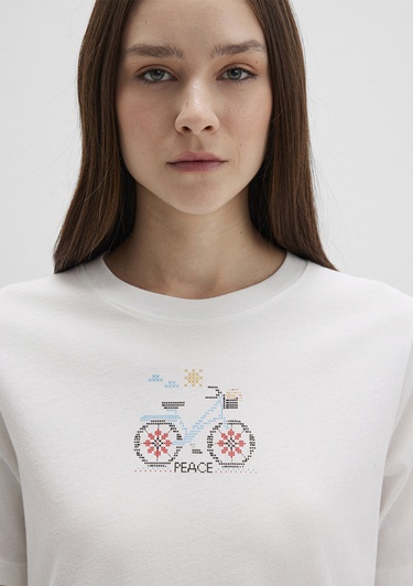  Mavi Bisiklet Baskılı Beyaz Tişört Regular Fit / Normal Kesim 1613469-70057