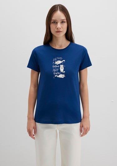  Mavi Kedi Baskılı Lacivert Tişört Semi Slim Fit / Yarı Dar Kesim 1613471-82625