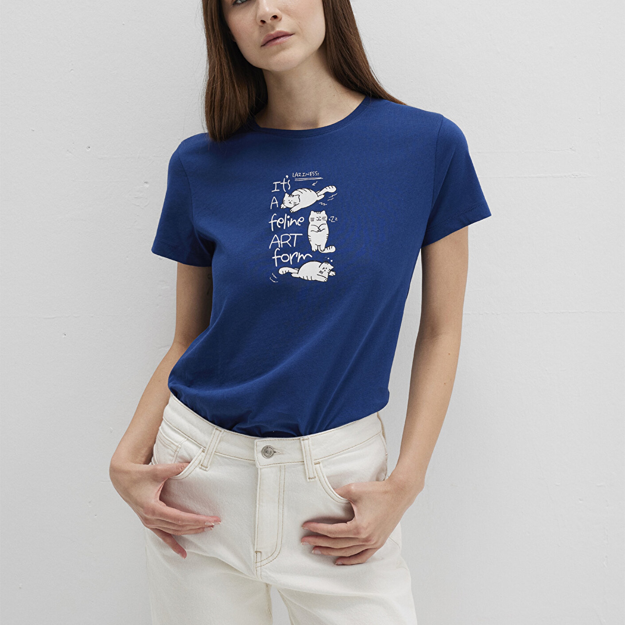 Mavi Kedi Baskılı Lacivert Tişört Semi Slim Fit / Yarı Dar Kesim 1613471-82625