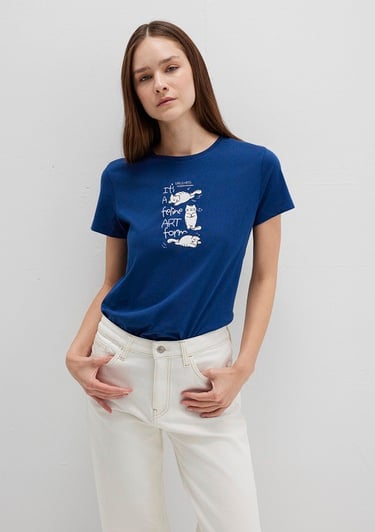  Mavi Kedi Baskılı Lacivert Tişört Semi Slim Fit / Yarı Dar Kesim 1613471-82625