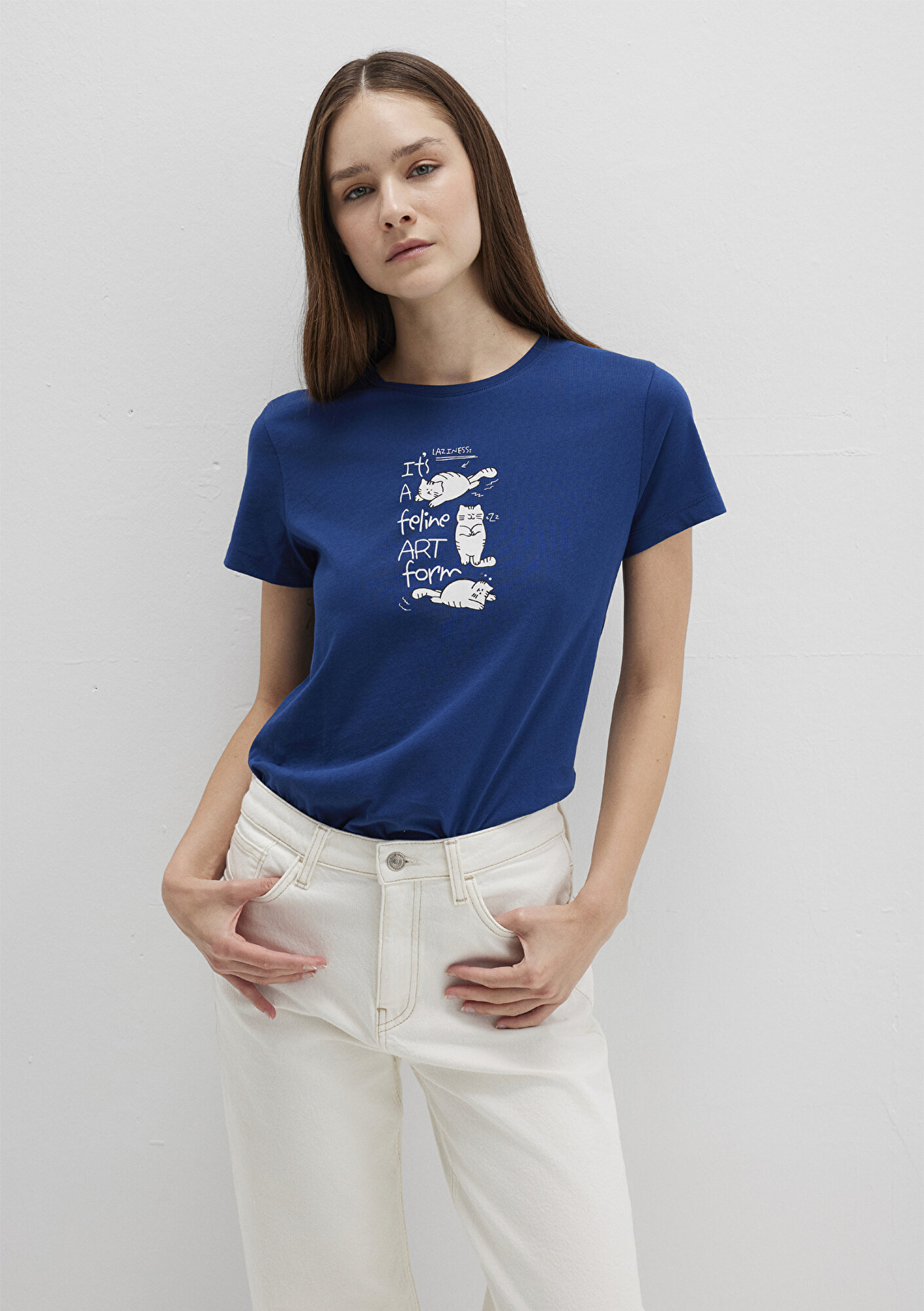  Mavi Kedi Baskılı Lacivert Tişört Semi Slim Fit / Yarı Dar Kesim 1613471-82625