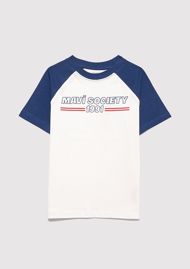  Mavi Baskılı Beyaz Tişört Loose Fit / Bol Rahat Kesim 6610357-70057