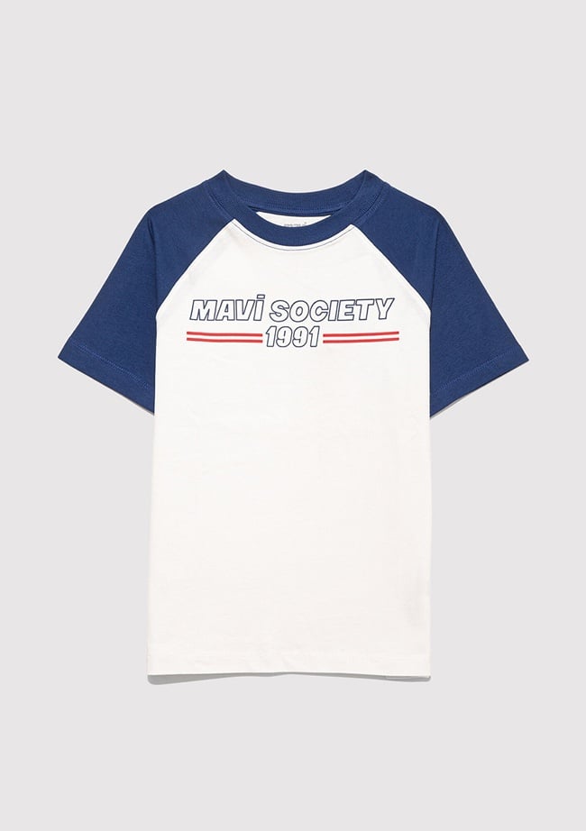  Mavi Baskılı Beyaz Tişört Loose Fit / Bol Rahat Kesim 6610357-70057