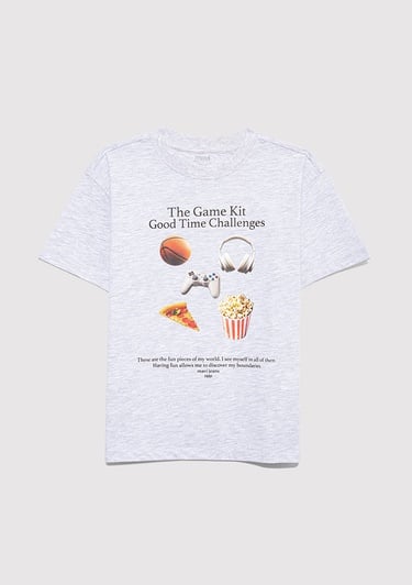  Mavi Baskılı Gri Tişört Loose Fit / Bol Rahat Kesim 6610359-88467