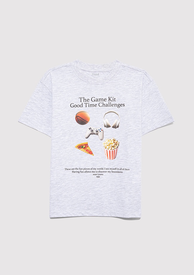  Mavi Baskılı Gri Tişört Loose Fit / Bol Rahat Kesim 6610359-88467