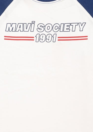  Mavi Baskılı Beyaz Tişört Loose Fit / Bol Rahat Kesim 6610357-70057