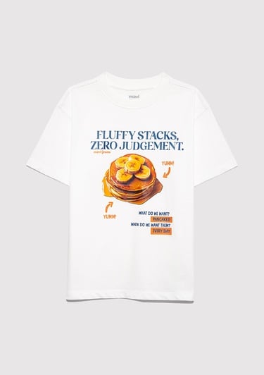  Mavi Baskılı Ekru Tişört Loose Fit / Bol Rahat Kesim 6610360-70057