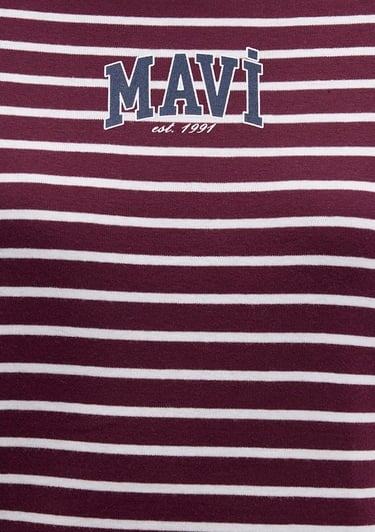  Mavi Mavi Logo Baskılı Çizgili Bordo Tişört Regular Fit / Normal Kesim 1613562-87982