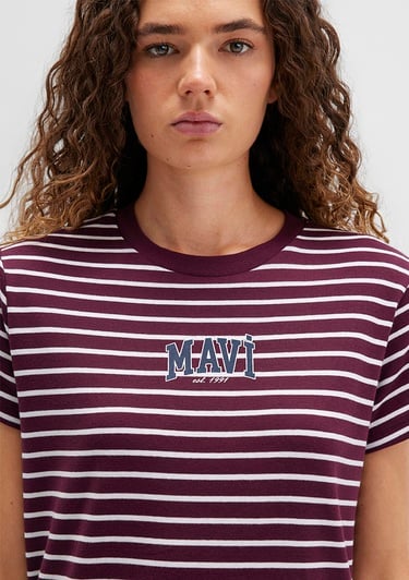  Mavi Mavi Logo Baskılı Çizgili Bordo Tişört Regular Fit / Normal Kesim 1613562-87982