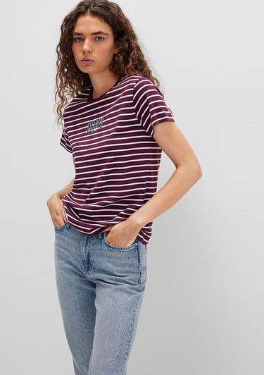  Mavi Mavi Logo Baskılı Çizgili Bordo Tişört Regular Fit / Normal Kesim 1613562-87982