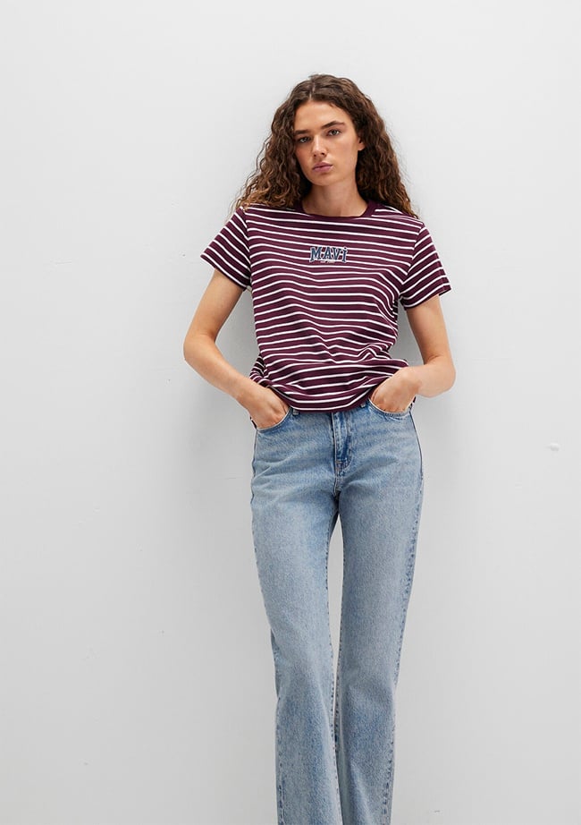  Mavi Mavi Logo Baskılı Çizgili Bordo Tişört Regular Fit / Normal Kesim 1613562-87982