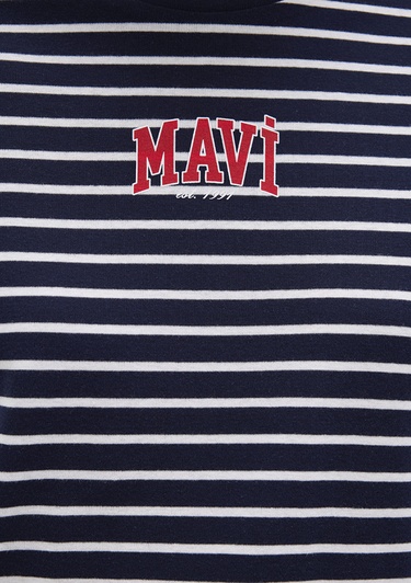  Mavi Mavi Logo Baskılı Çizgili Lacivert Tişört Regular Fit / Normal Kesim 1613562-88030