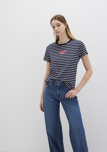  Mavi Mavi Logo Baskılı Çizgili Lacivert Tişört Regular Fit / Normal Kesim 1613562-88030
