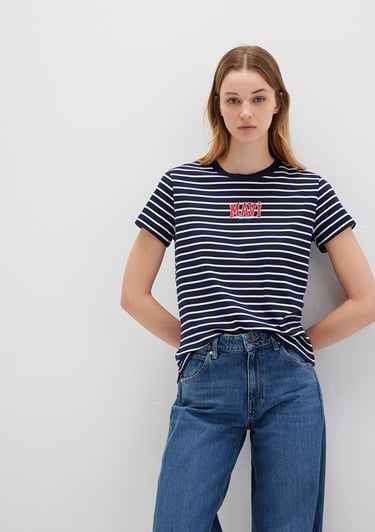  Mavi Mavi Logo Baskılı Çizgili Lacivert Tişört Regular Fit / Normal Kesim 1613562-88030