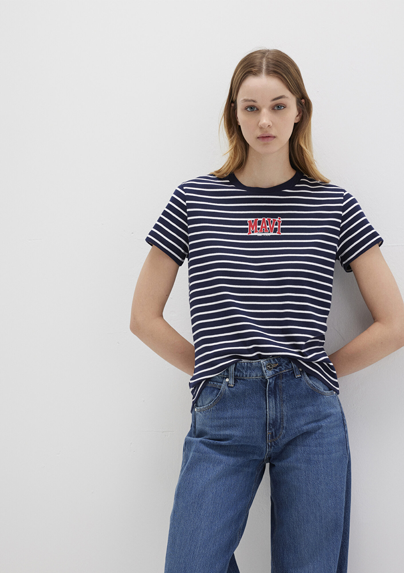  Mavi Mavi Logo Baskılı Çizgili Lacivert Tişört Regular Fit / Normal Kesim 1613562-88030