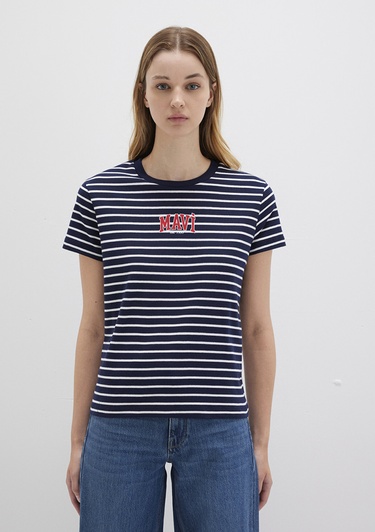  Mavi Mavi Logo Baskılı Çizgili Lacivert Tişört Regular Fit / Normal Kesim 1613562-88030