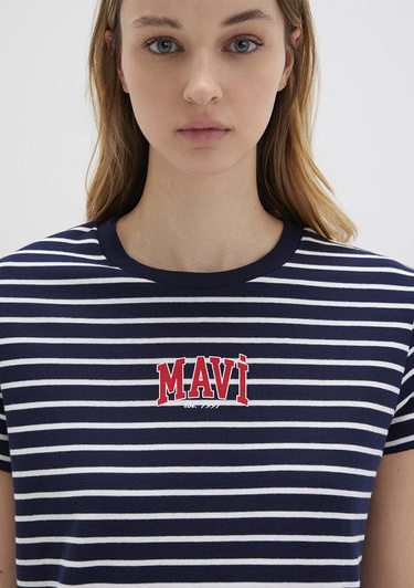  Mavi Mavi Logo Baskılı Çizgili Lacivert Tişört Regular Fit / Normal Kesim 1613562-88030