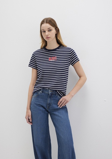  Mavi Mavi Logo Baskılı Çizgili Lacivert Tişört Regular Fit / Normal Kesim 1613562-88030