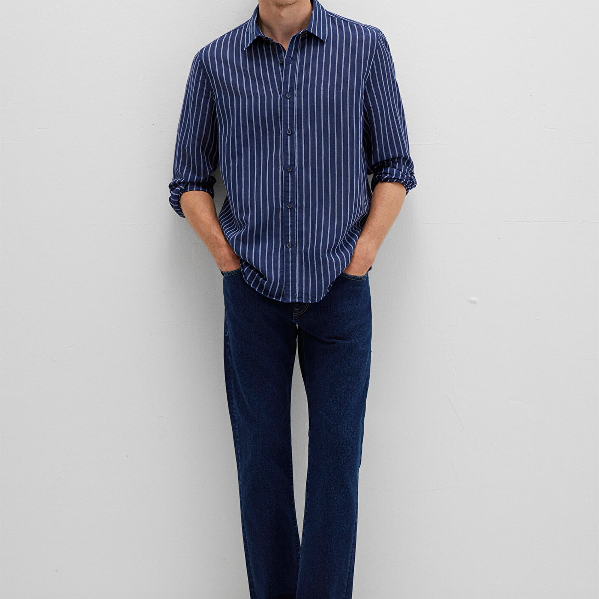 Mavi Keten Karışımlı Çizgili Lacivert Gömlek Regular Fit / Normal Kesim 0211699-90920