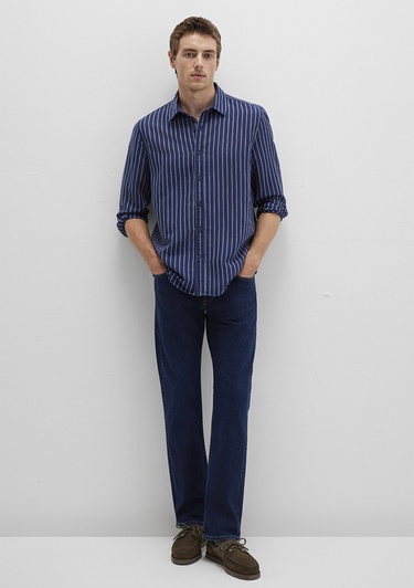  Mavi Keten Karışımlı Çizgili Lacivert Gömlek Regular Fit / Normal Kesim 0211699-90920