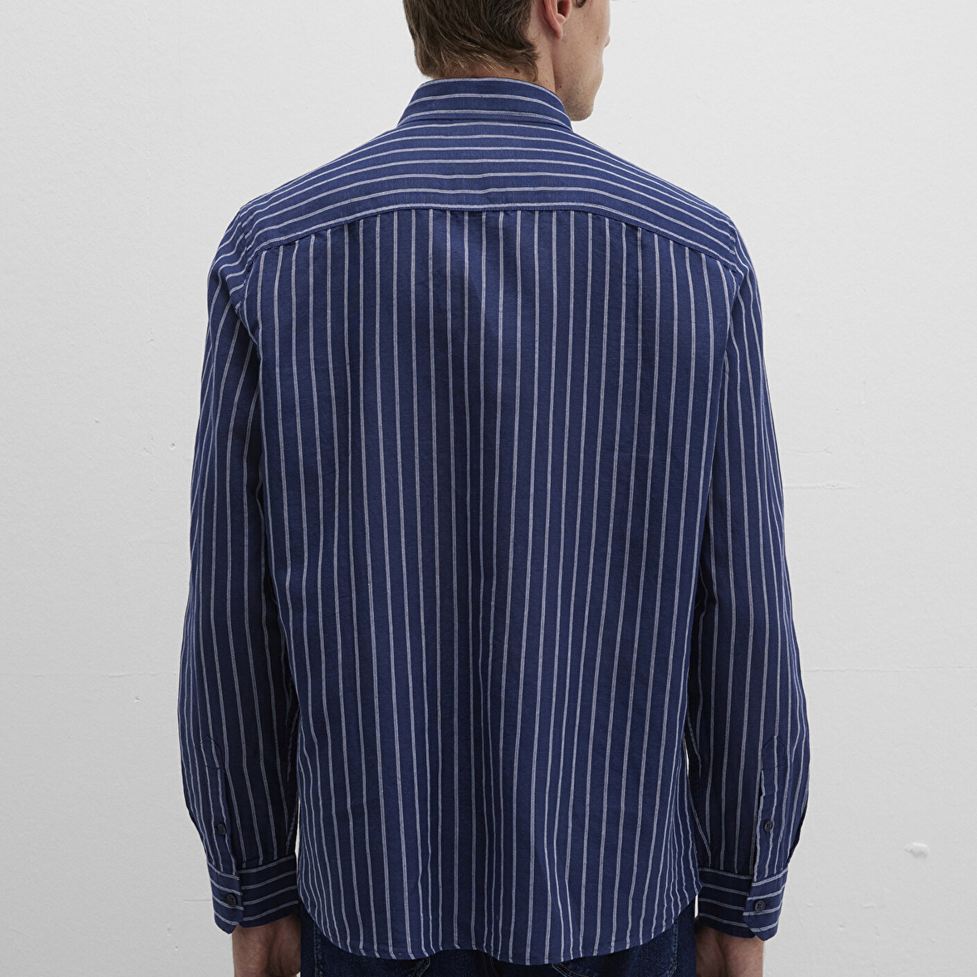 Mavi Keten Karışımlı Çizgili Lacivert Gömlek Regular Fit / Normal Kesim 0211699-90920