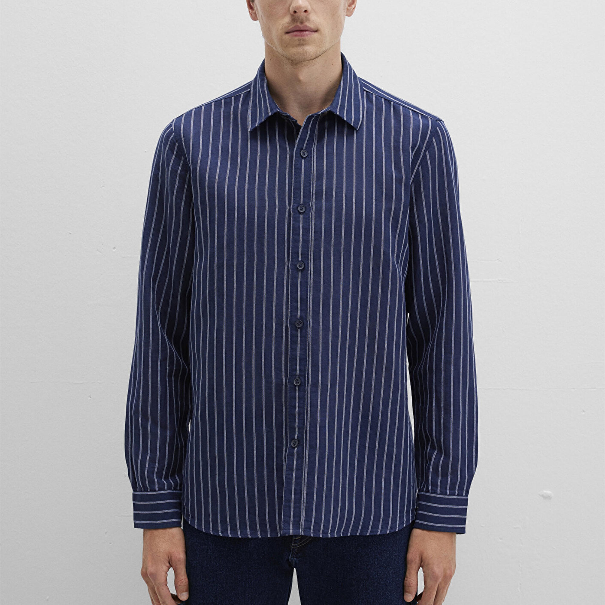 Mavi Keten Karışımlı Çizgili Lacivert Gömlek Regular Fit / Normal Kesim 0211699-90920