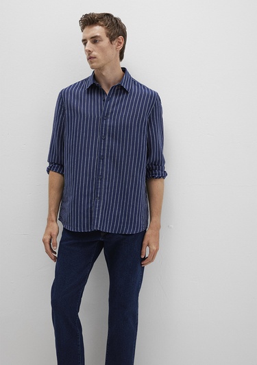  Mavi Keten Karışımlı Çizgili Lacivert Gömlek Regular Fit / Normal Kesim 0211699-90920