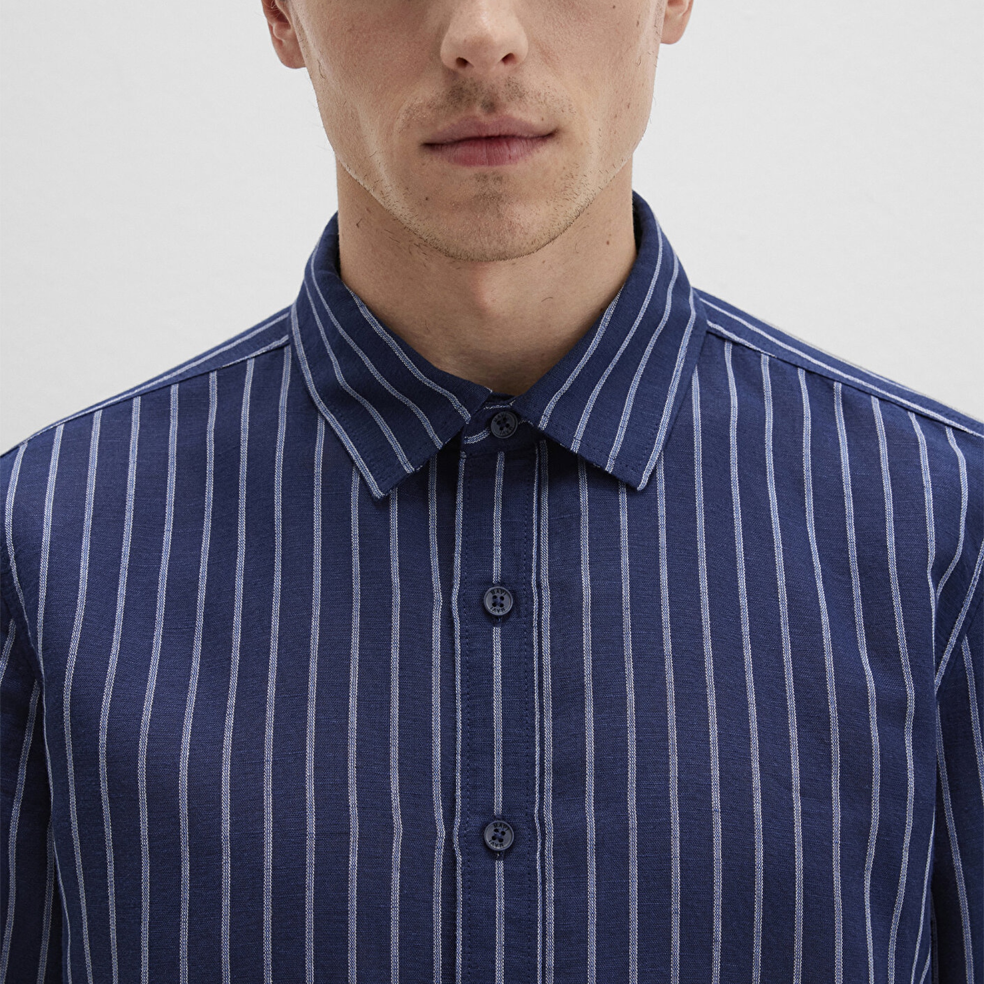 Mavi Keten Karışımlı Çizgili Lacivert Gömlek Regular Fit / Normal Kesim 0211699-90920