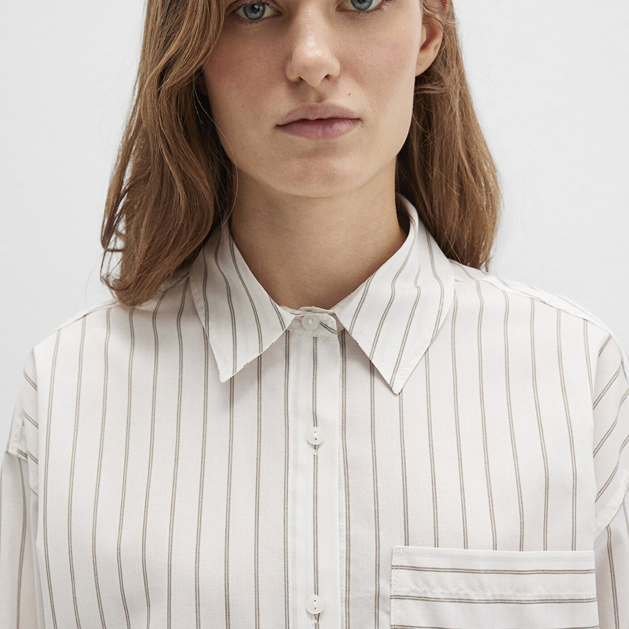 Mavi Çizgili Ekru Gömlek Loose Fit / Bol Rahat Kesim 1211201-83926