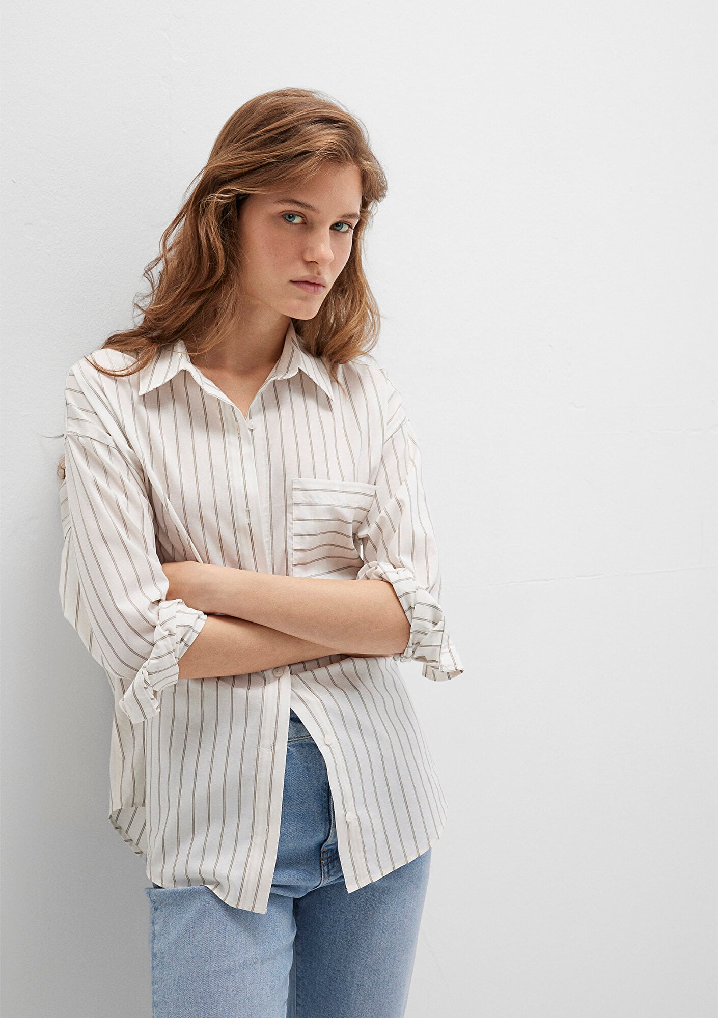  Mavi Çizgili Ekru Gömlek Loose Fit / Bol Rahat Kesim 1211201-83926