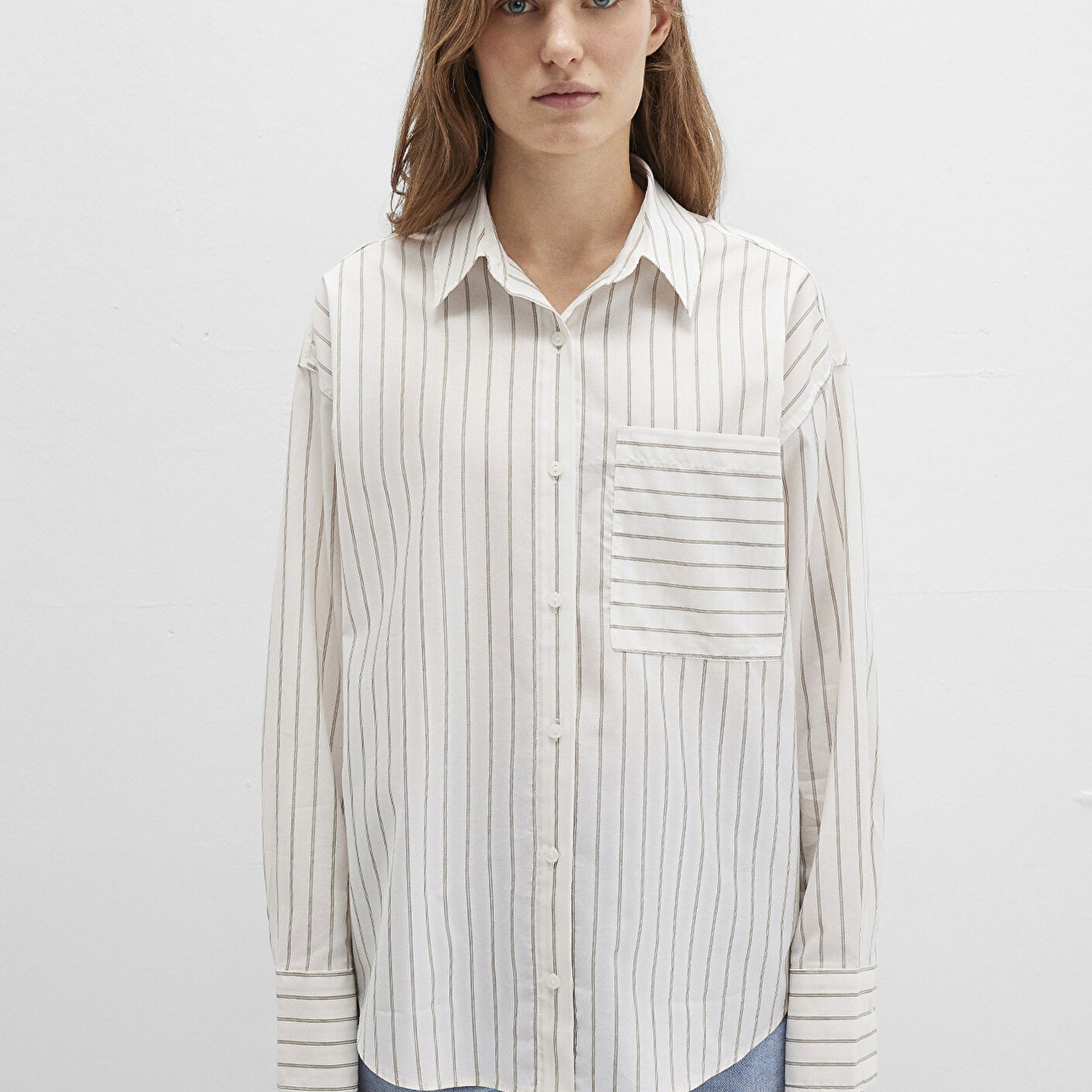 Mavi Çizgili Ekru Gömlek Loose Fit / Bol Rahat Kesim 1211201-83926