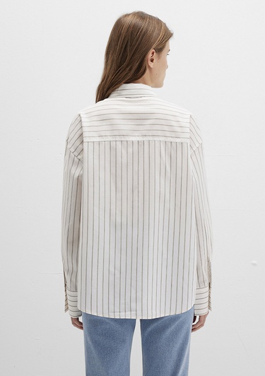  Mavi Çizgili Ekru Gömlek Loose Fit / Bol Rahat Kesim 1211201-83926