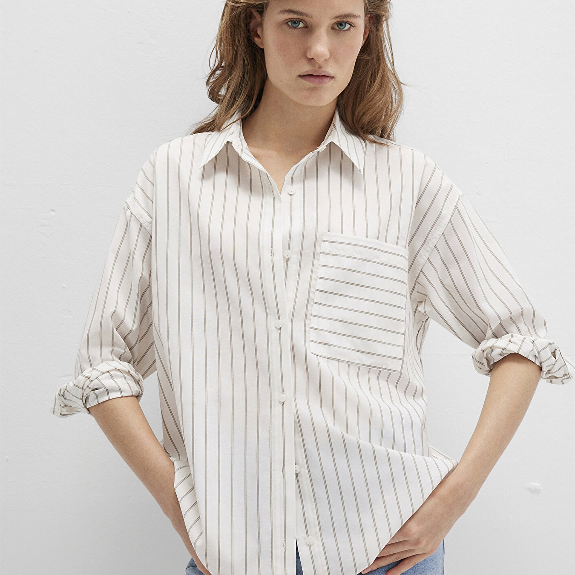 Mavi Çizgili Ekru Gömlek Loose Fit / Bol Rahat Kesim 1211201-83926